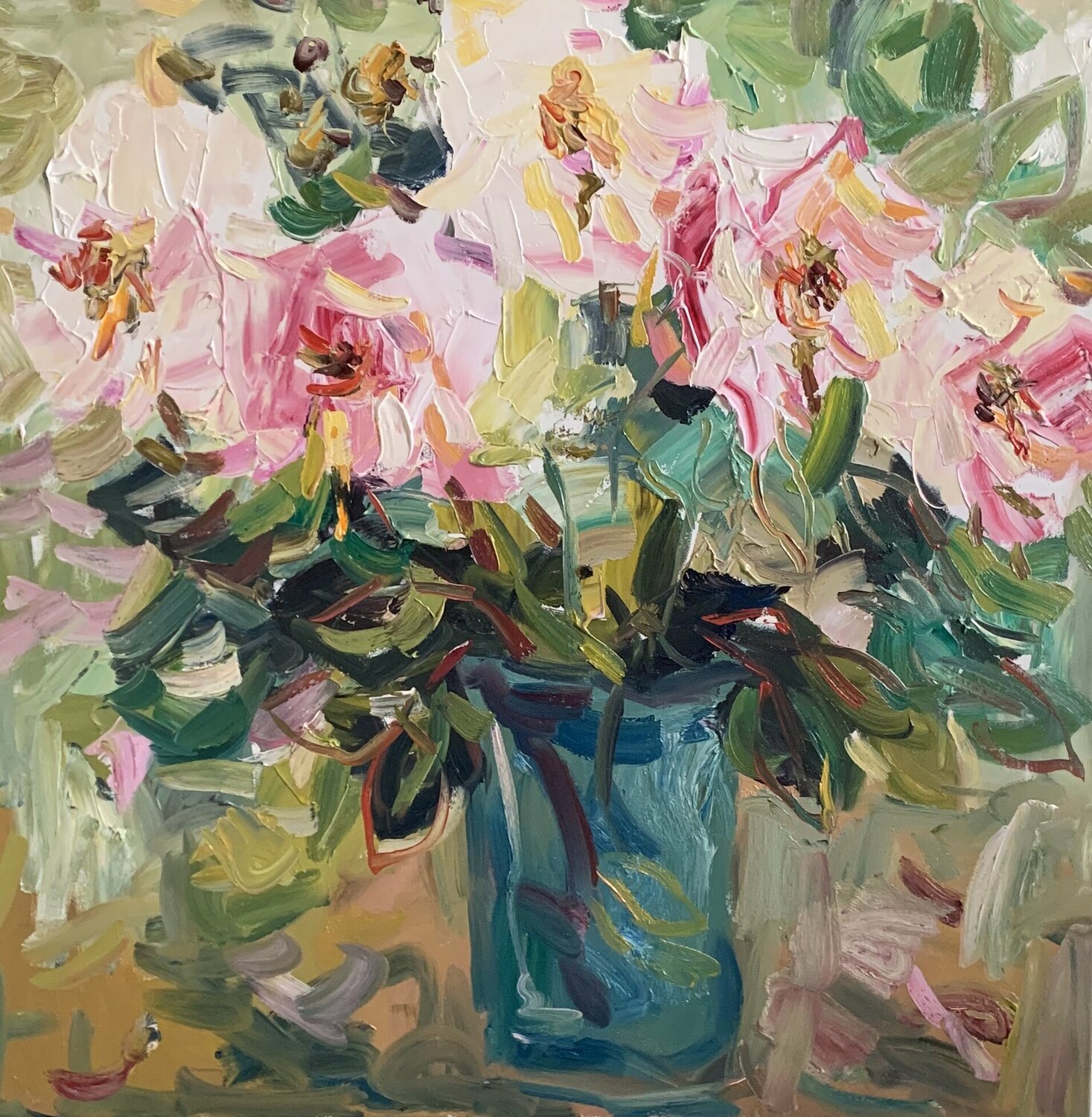 Garden roses in a blue vase by Lilia Orlova-Holmes (2019) : Painting ...