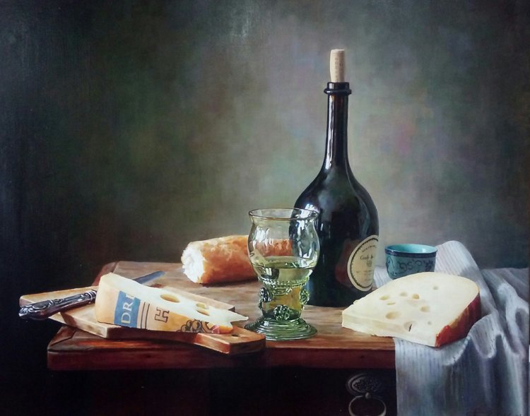 STILL LIFE Wine cheese and bread by Zhdanov Russia Modern Postcard 
