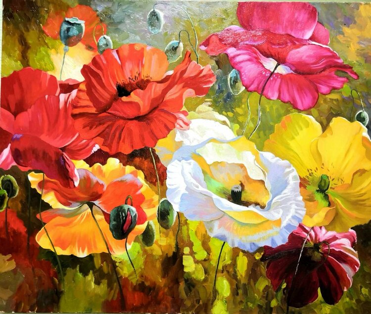 Bright summer poppies Original Oil Painting Red White Yellow Wonderful ...