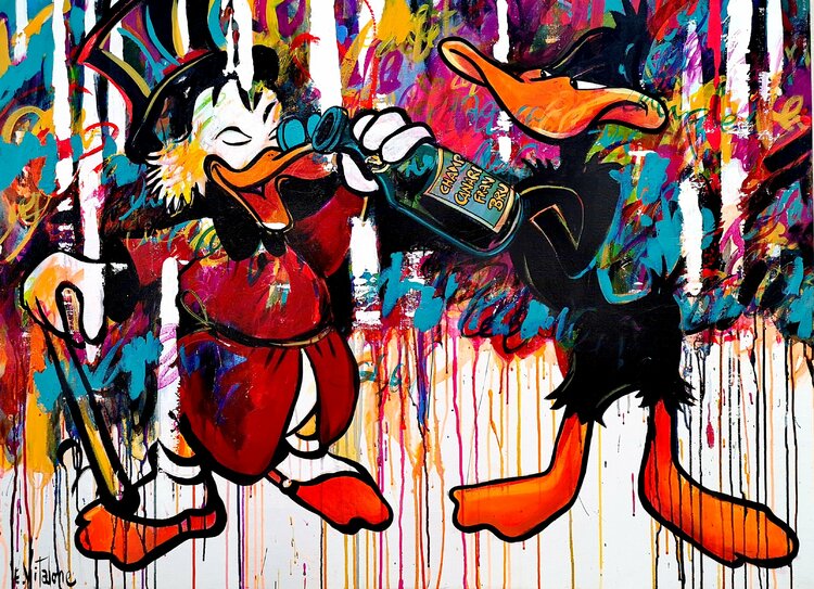 L Aperitif De Picsou Et Daffy Duck By Eddy Vitalone Painting Acrylic Felt On Canvas Singulart