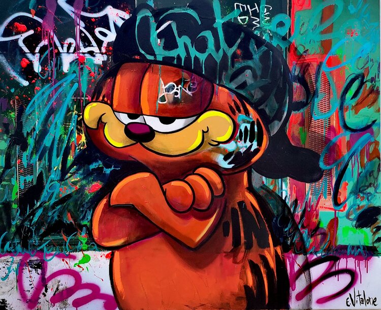 Garfield Chat De La Rue By Eddy Vitalone Painting Acrylic Graffiti On Canvas Singulart