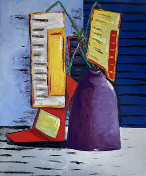 Egg flowers in purple vase Ta Byrne