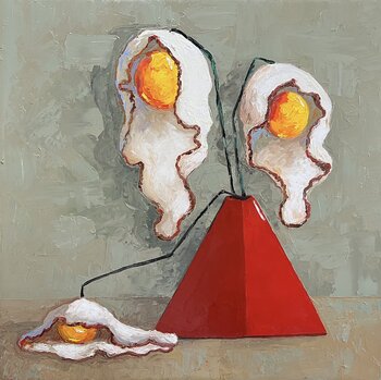 Egg flowers in red vase Ta Byrne