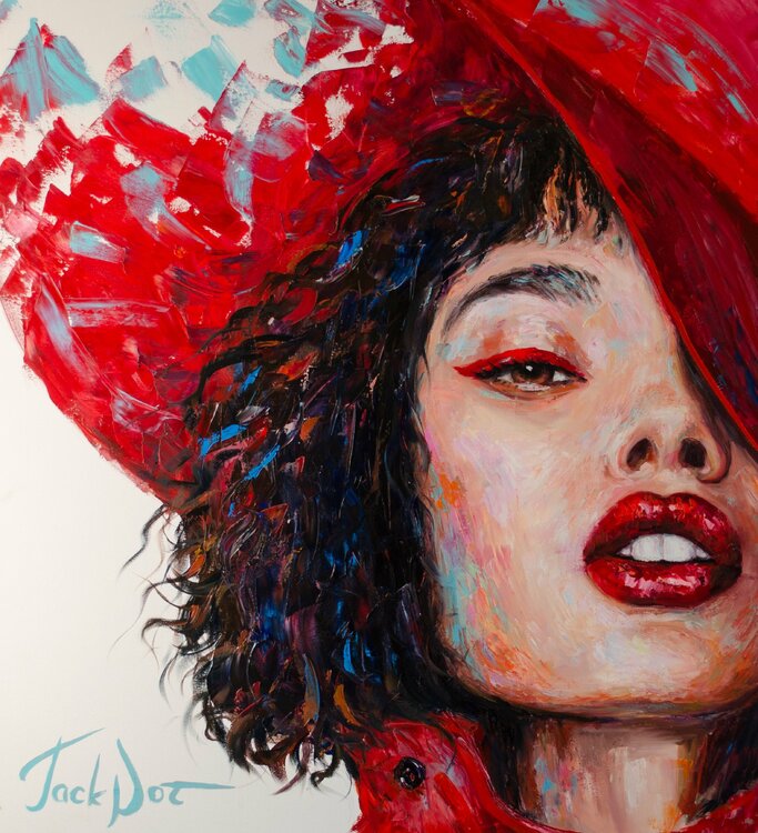 Woman portrait painting oil portrait canvas art woman in red hat