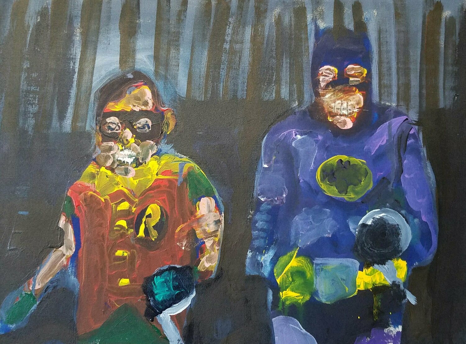 Batman and Robin saw something in the woods by Larry Caveney (2020) :  Painting Acrylic on Canvas - SINGULART