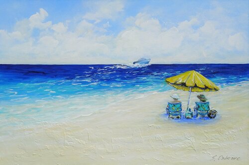 Beach Umbrella Art Vacation Painting Seascape Artwork Small Impasto Painting by KatKipArt