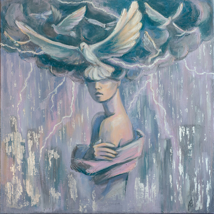 An original ONE OFF Large cloud head painting of a woman for anxiety mental health
