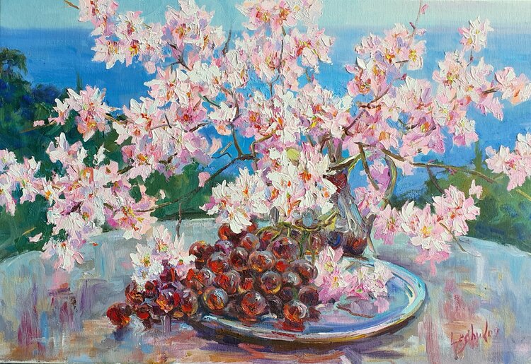 Bodegon con flores del almendro y uvas by Vitaly Leshukov Soldatov (2019) :  Painting Oil, Oil Pastel on Canvas - SINGULART