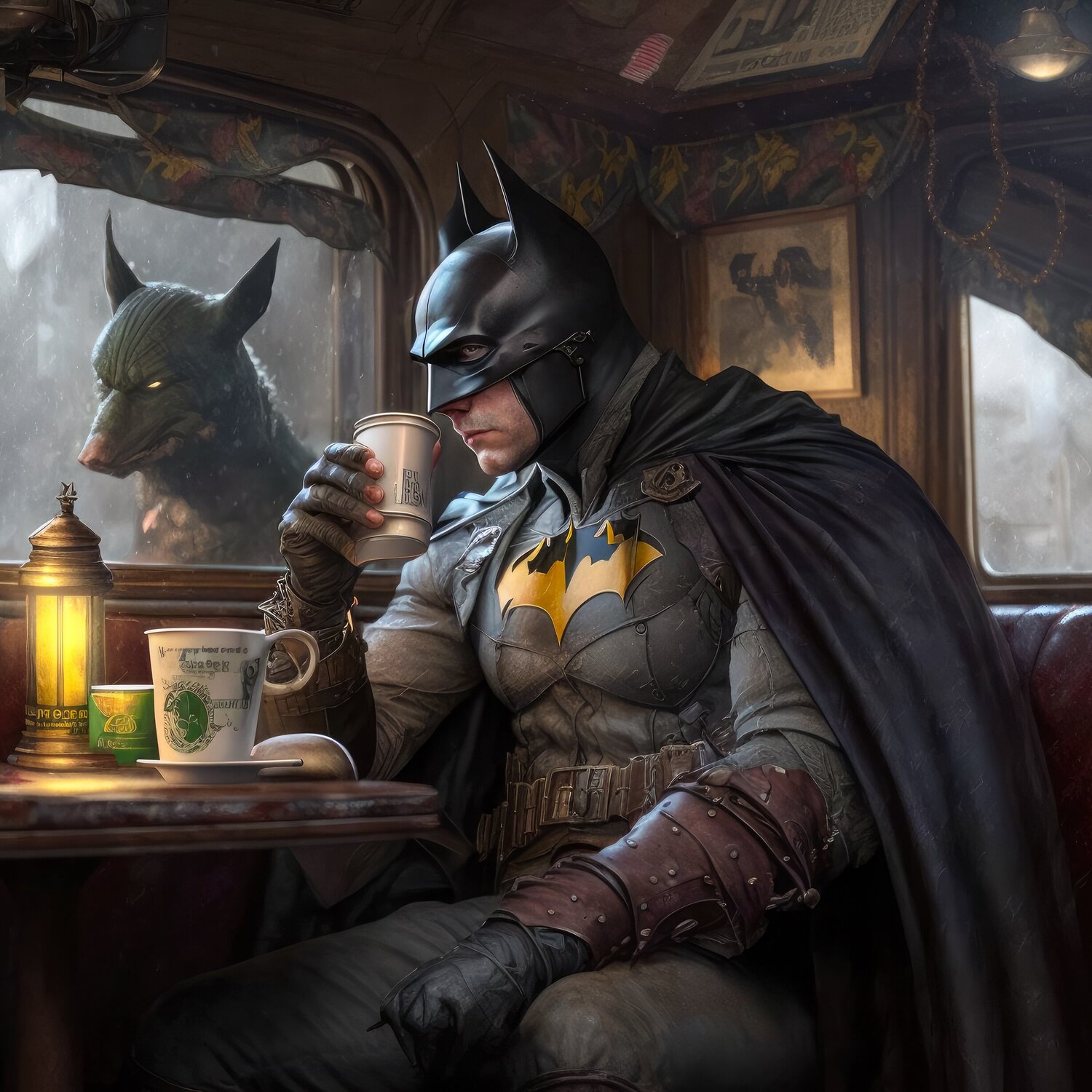 Batman has a coffee break by Cheeky Bunny (2023) : Painting Ink on Canvas -  SINGULART