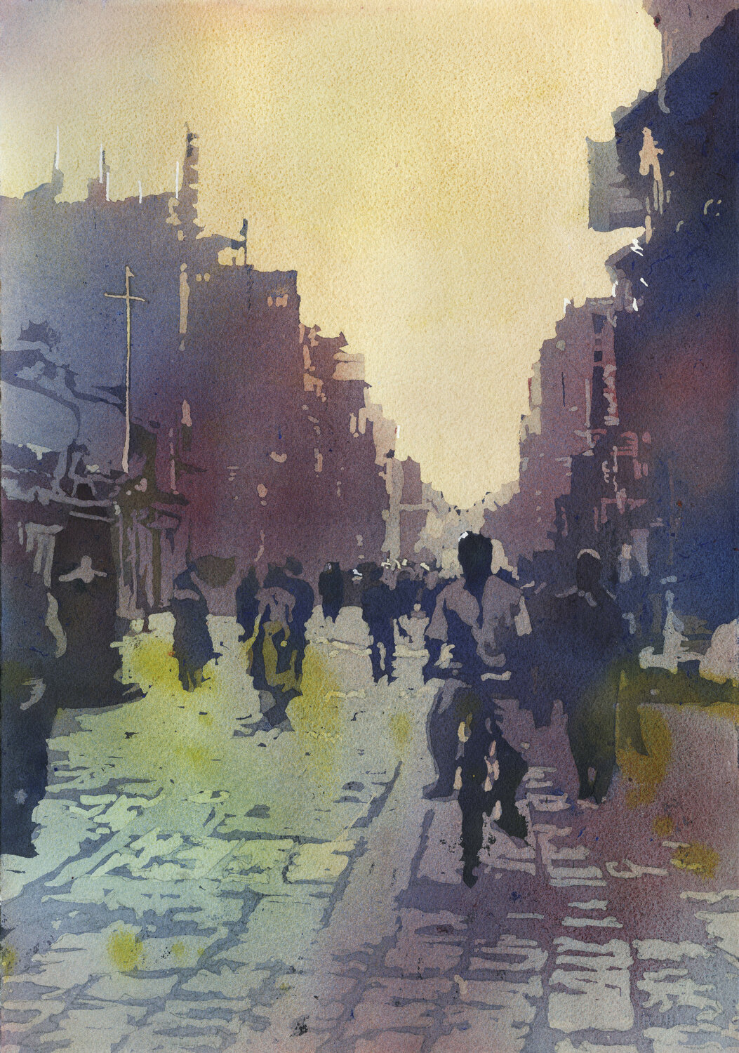 Kathmandu street scene watercolor painting of people on street in