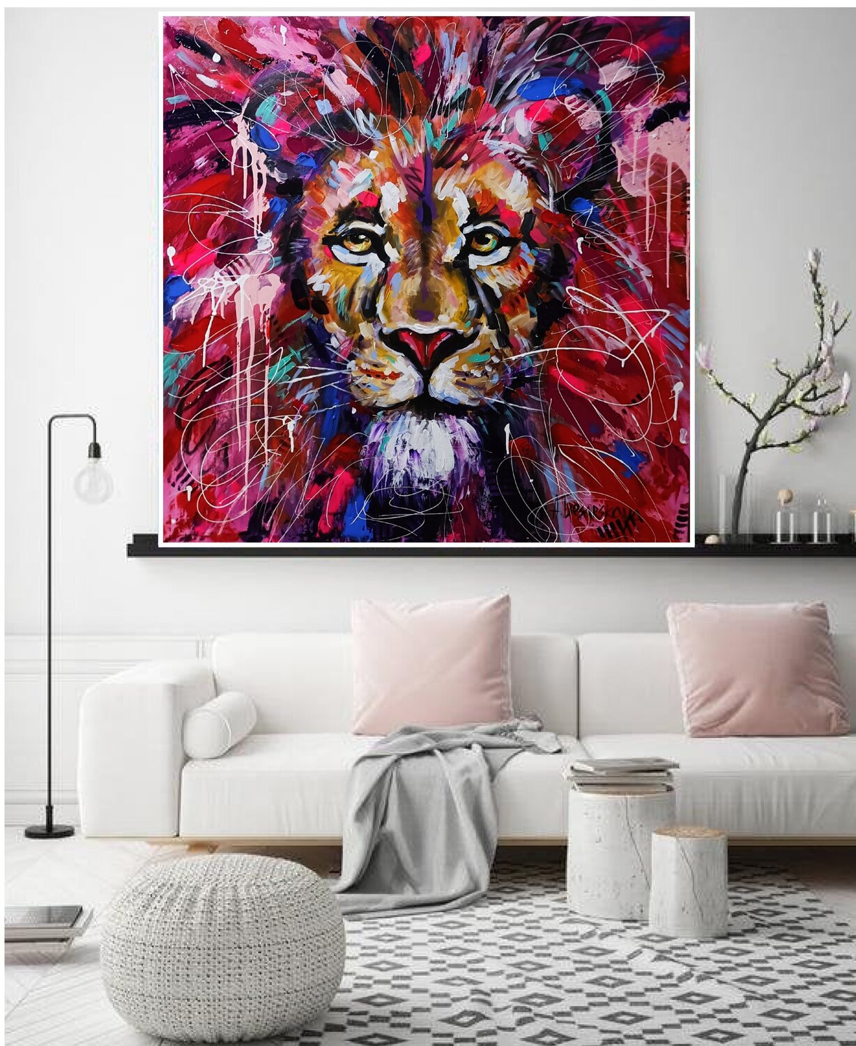 The king lion - colorful portrait lion, viva magenta color Pantone 2023 ...