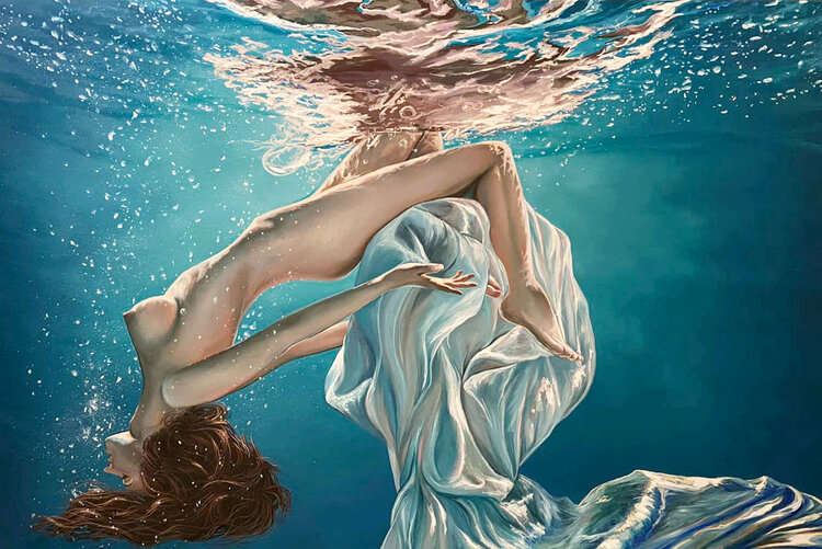 Naked Woman Drowning Underwater. 
