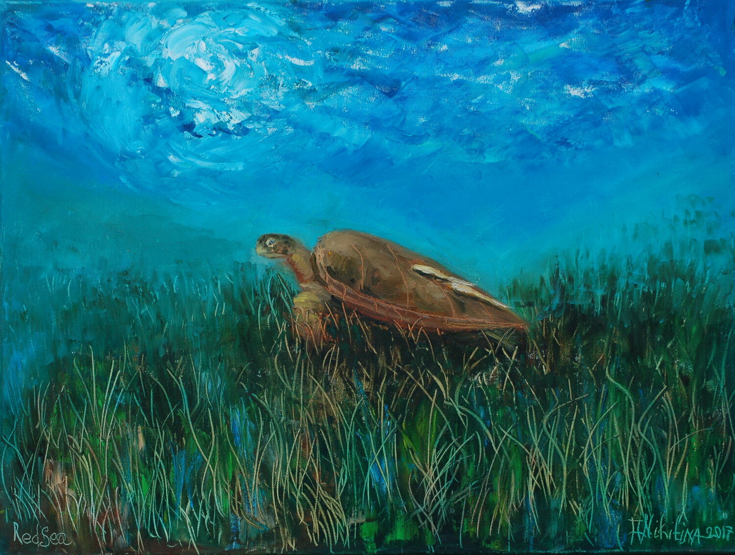 Sea Turtle. UNDERWATER PAINTING was made underwater by Olga Nikitina