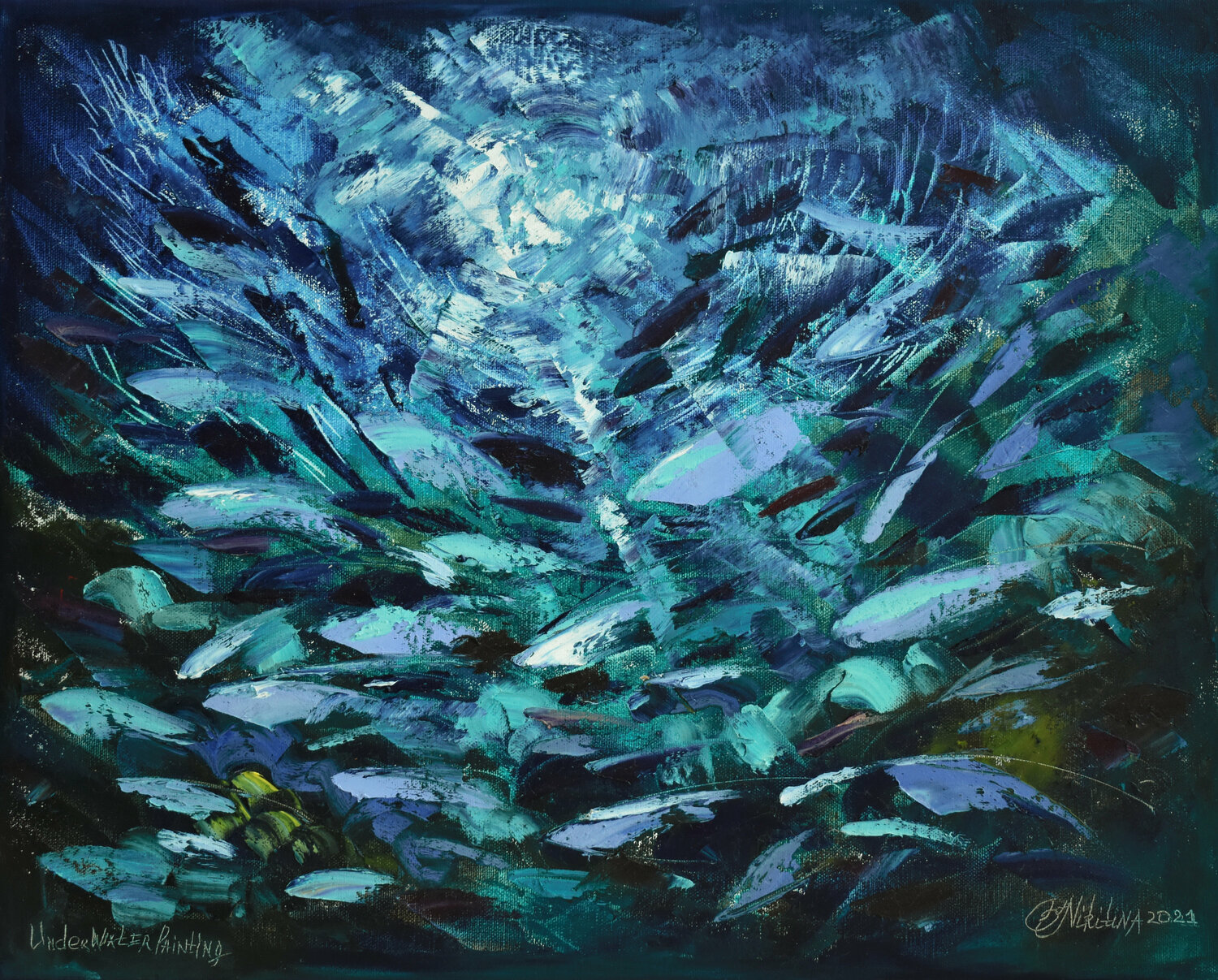 DEEP BLUE OCEAN UNDERWATER PAINTING was made underwater de Olga Nikitina (2021) Peinture Huile