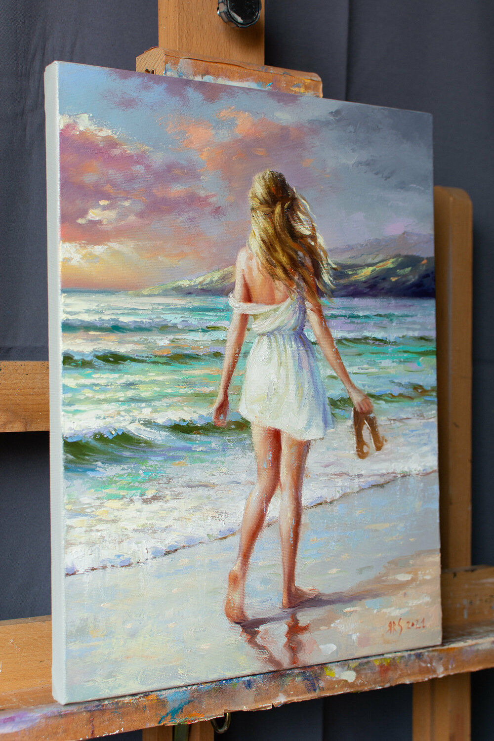 Nude Girl Walking On Beach - EVENING WALK BY THE SEA by Yaroslav Sobol (Modern Impressionistic  Figurative Oil painting of a Woman in Romantic Sea Landscape Girl Model  Beach scene Gift Home Decor) by Yaroslav Sobol (2020) :