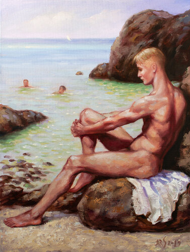 BATHERS by Yaroslav Sobol (Modern Impressionistic Figurative Oil painting of a Man in Romantic Sea Landscape Nude Male Model Beach scene Gift Home Decor) by Yaroslav Sobol (2019) Painting Oil on picture