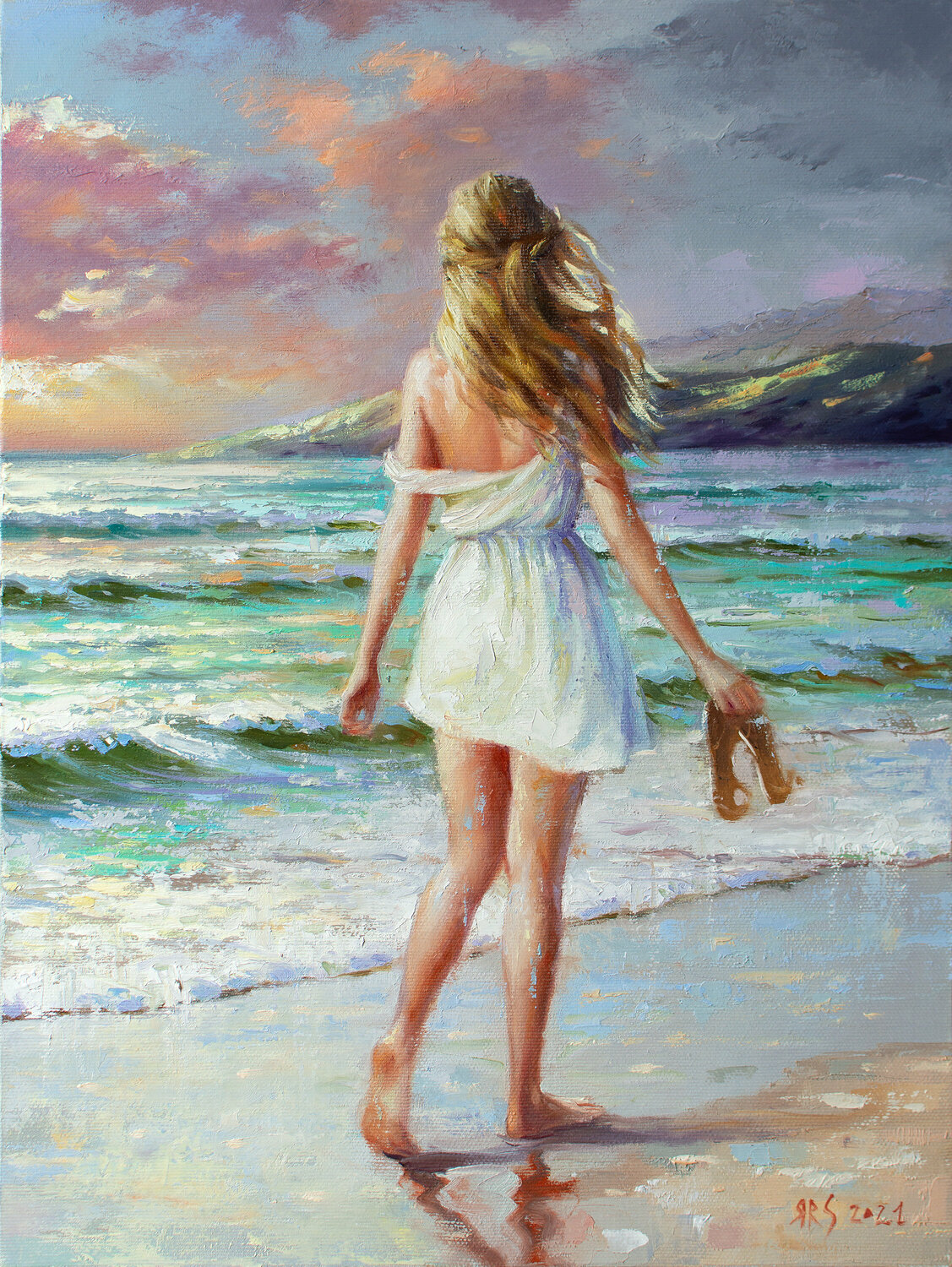EVENING WALK BY THE SEA by Yaroslav Sobol (Modern Impressionistic  Figurative Oil painting of a Woman in Romantic Sea Landscape Girl Model  Beach scene Gift Home Decor) by Yaroslav Sobol (2020) :