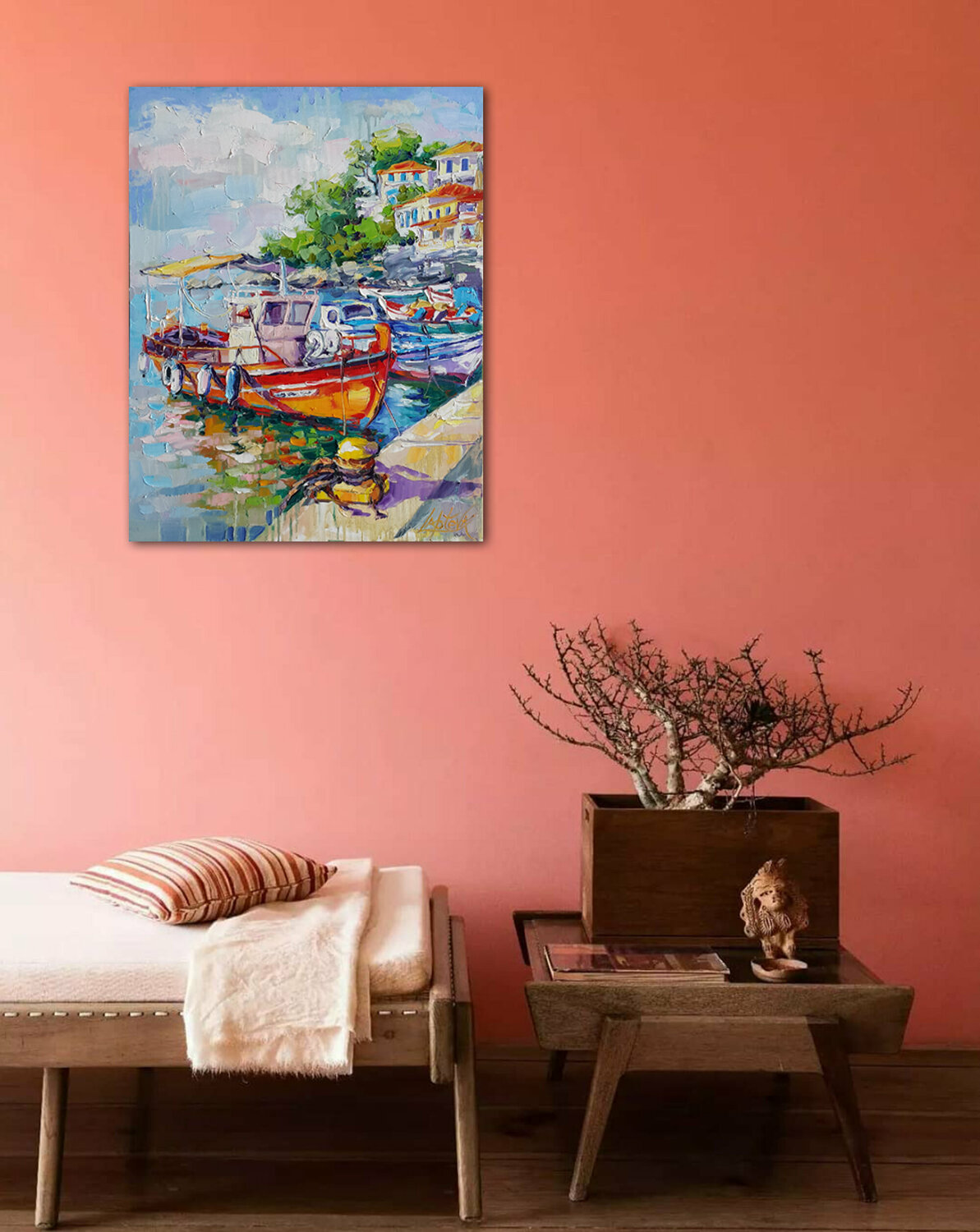 Painting Boats at the pier, Fishing boats, Nautical Painting by