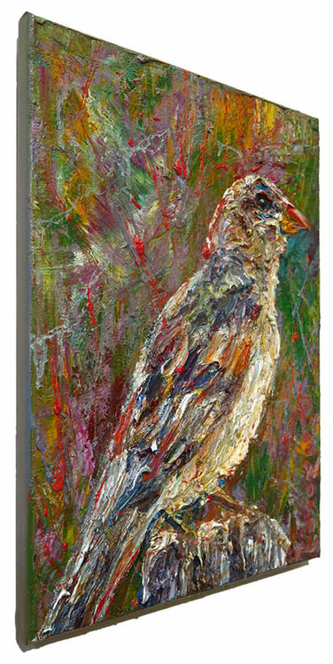 Sold: x1309 - Impressionist Oil Painting-Bird's Song- Little Bird -Original Bird  Painting- Small Songbird Painting- Unframed Animal Art-Original Wildlife- Bird  Art by David Padworny (2019) : Painting Oil, Pen on Canvas - SINGULART