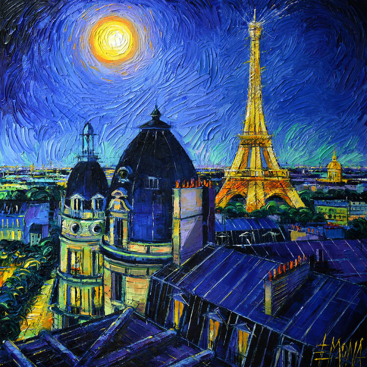 PARIS ROOFTOPS IN MOONLIGHT by Mona Edulesco (2020) : Painting Oil on ...