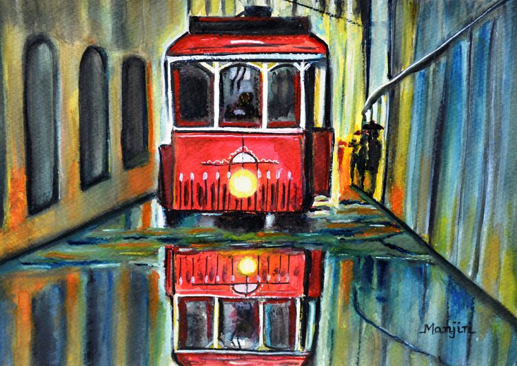 Red Tram Watercolor Landscape Painting On Sale By Manjiri Kanvinde (2020) : Work On Paper Watercolor On Paper - Singulart